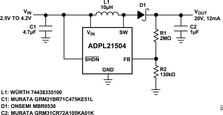 Applikations-Schaltungsdiagramm - Analog Devices Inc. ADPL21504 Micropower-DC/DC-Aufwärtswandler