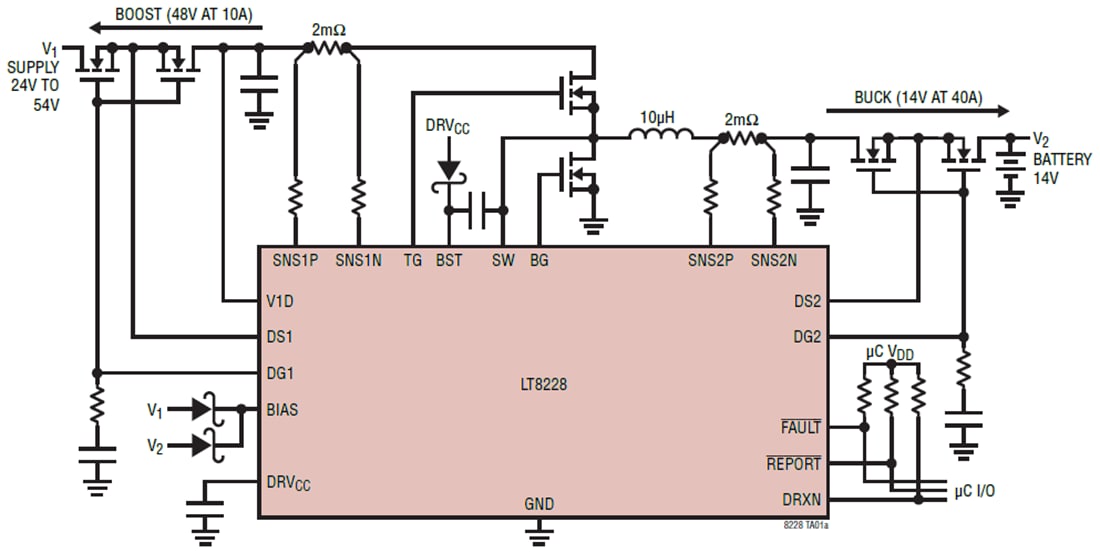 Applikations-Schaltungsdiagramm - Analog Devices Inc. LT8228 Bidirektionaler Buck/Boost Controller Applikations-Schaltungsdiagramm - Analog Devices Inc. LT8228 Bidirektionaler Buck/Boost Controller