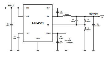 Applikations-Schaltungsdiagramm - Diodes Incorporated AP64500/AP64501 DC/DC-Abwärtswandler