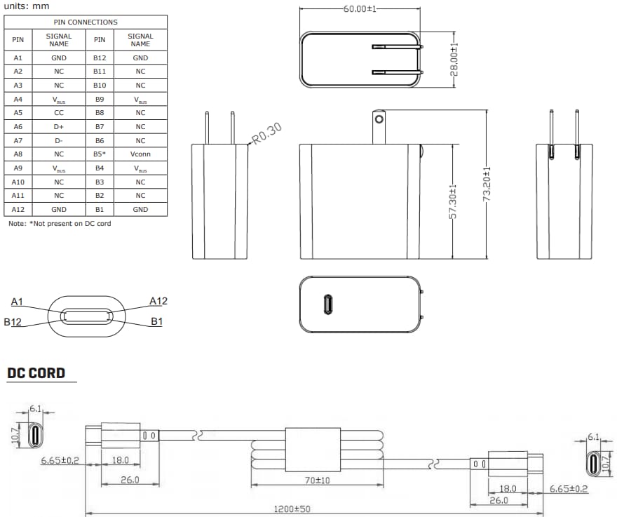 Technische Zeichnung - CUI Inc SWC45-N 45-W-Adapter mit USB-Typ-C-Steckverbinder