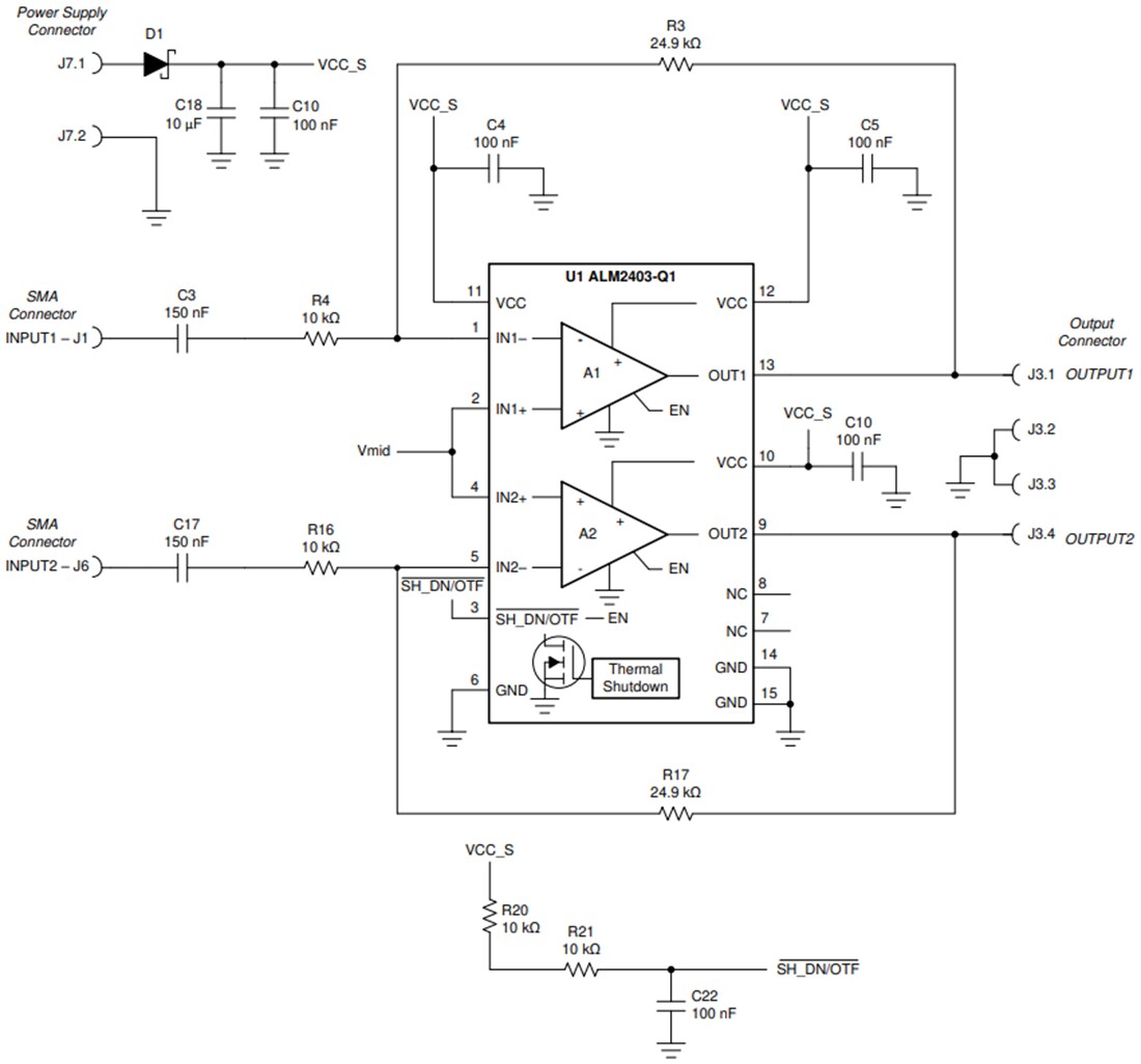 Schaltplan - Texas Instruments ALM2403Q1EVM Operationsverstärker-Evaluierungsmodul (EVM)