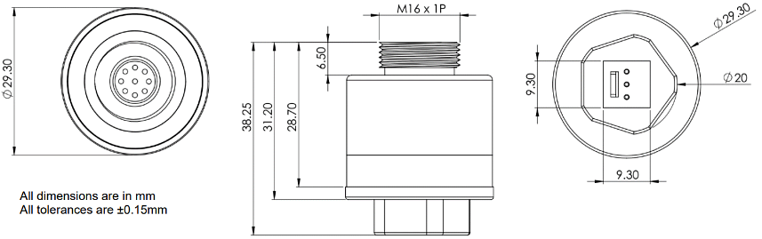 Technische Zeichnung - Amphenol SGX Sensortech SGX-VOX Sauerstoffsensor für Beatmungsgeräte