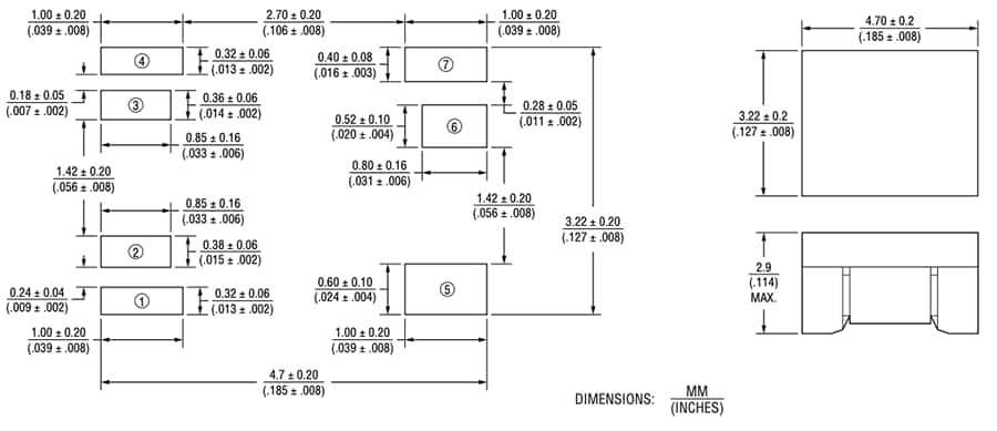 Technische Zeichnung - Bourns SM453230-1x1N7Y Chip-LAN-Transformatoren