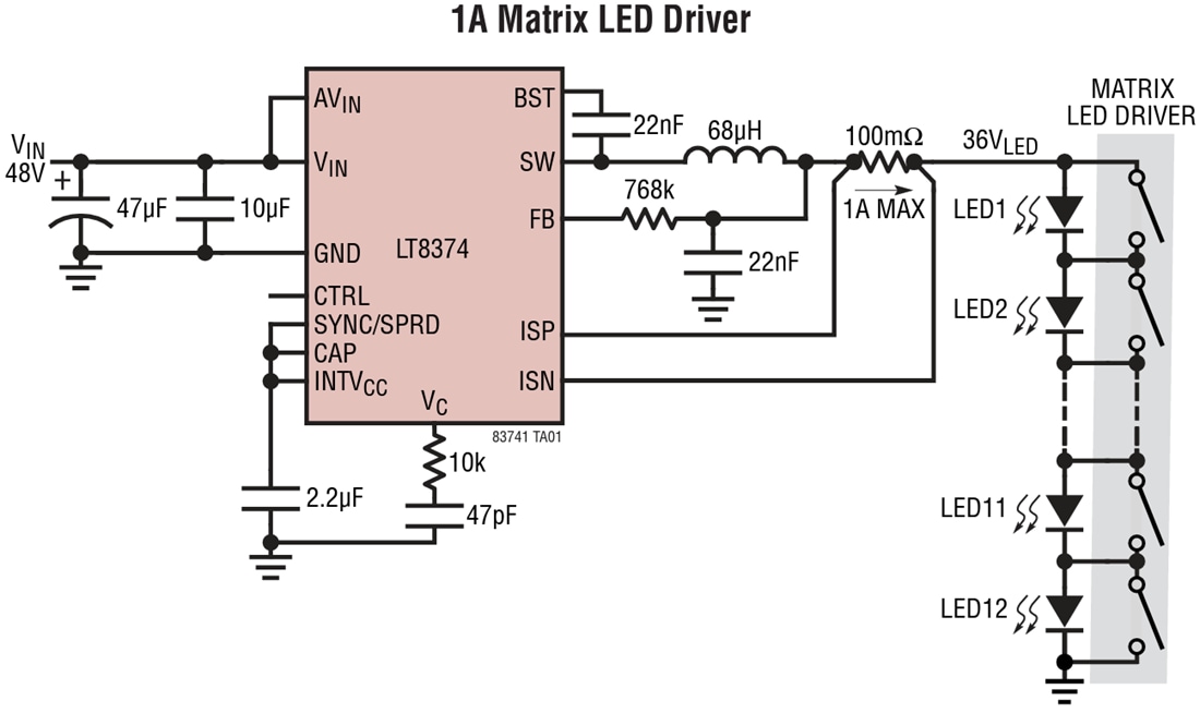 Applikations-Schaltungsdiagramm - Analog Devices Inc. LT8374 Synchrone Step-down LED-Treiber Applikations-Schaltungsdiagramm - Analog Devices Inc. LT8374 Synchrone Step-down LED-Treiber