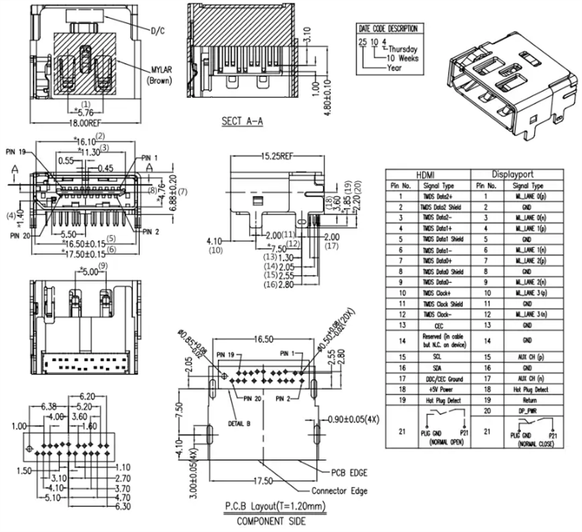 Mechanical Drawing - Rego Electronics DP DisplayPort 2.0 & HDMI 2.1 2-in-1 Connectors