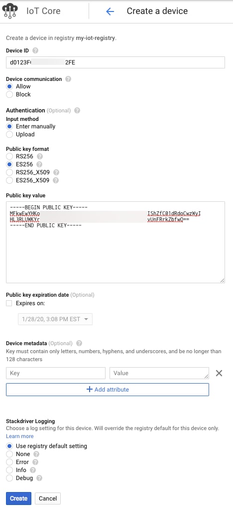 IoT Core Device Settings