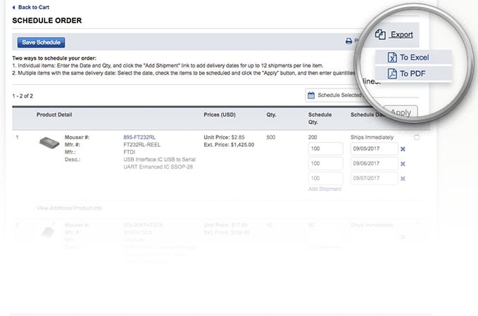 Export-Dropdown-Optionen auf der Seite für die Lieferplanung.